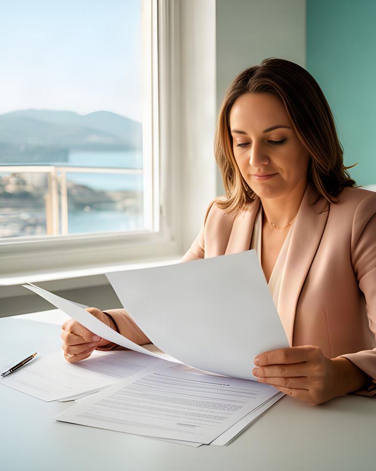 Profesional de recursos humanos revisando un contrato junto a una ventana en Rosas