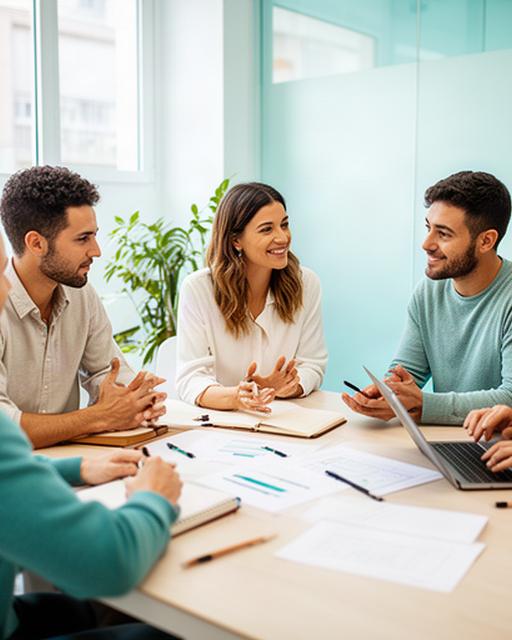 Consultora de recursos humanos revisando documentos con un equipo en una oficina luminosa de Rosas