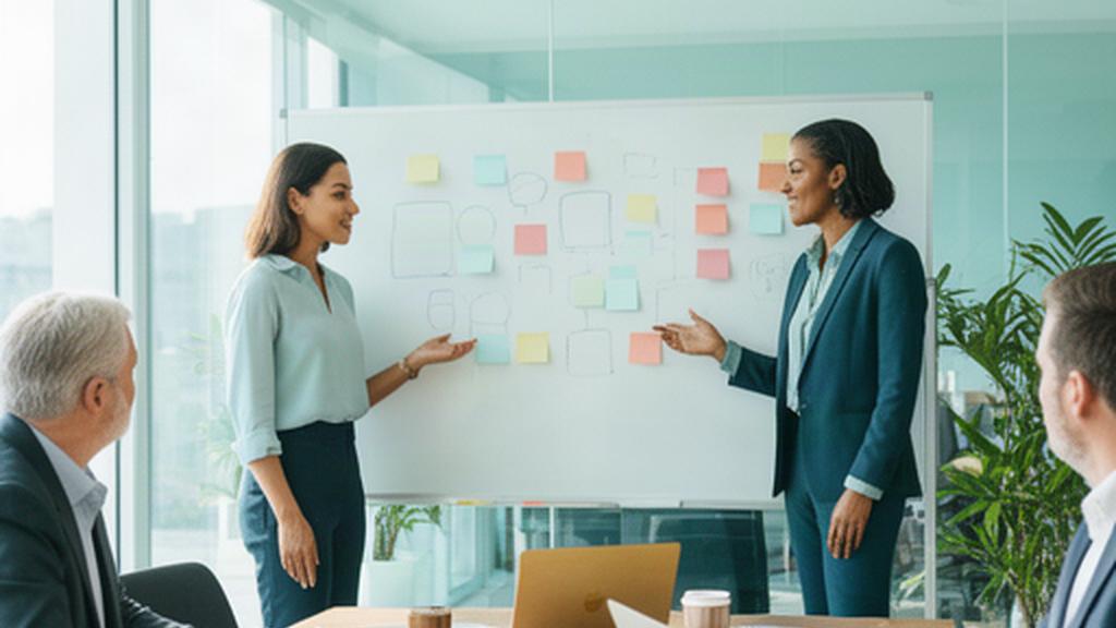 Equipo de dirección trabajando con una consultora ante una pizarra llena de post-its en una sala luminosa