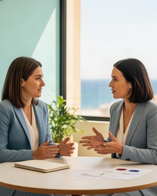 Consultora de formación conversando con una responsable de equipo en una oficina luminosa de Cataluña
