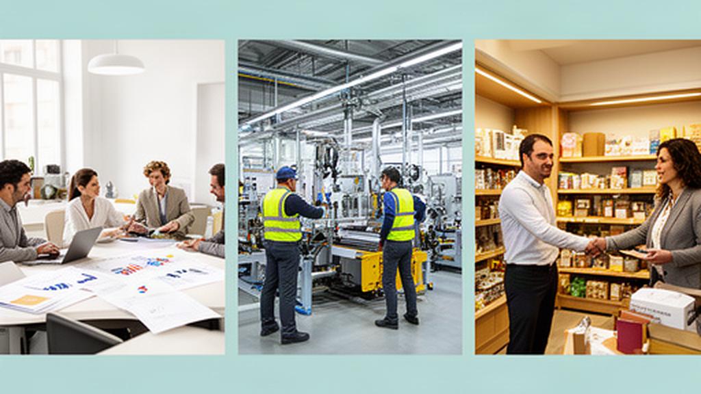 Collage de profesionales trabajando en una oficina, una planta industrial y un comercio de Cataluña